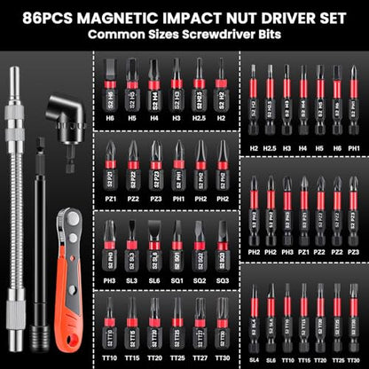 86-Piece Magnetic Impact Nut Driver Set, Deep Impact Sockets & S2 Bits, Chrome Vanadium Steel, Full Metric & SAE Range for Impact Drivers & Drills
