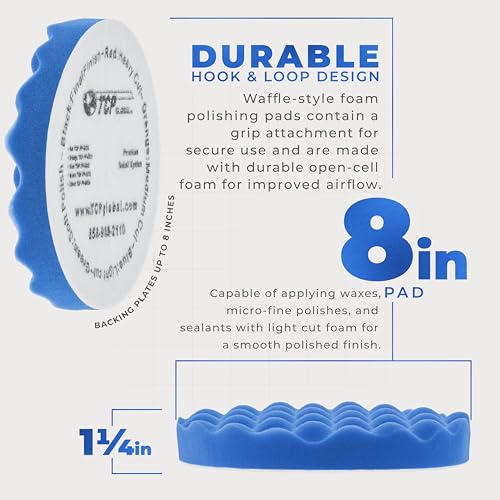 TCP Global 8" Blue Waffle Foam Buffing Pad Hook and Loop Backing - Light Cut Pad for Polishing, Automotive, Marine, Truck, RV & Compound Cutting, Car Polishing Pads - color: Blue