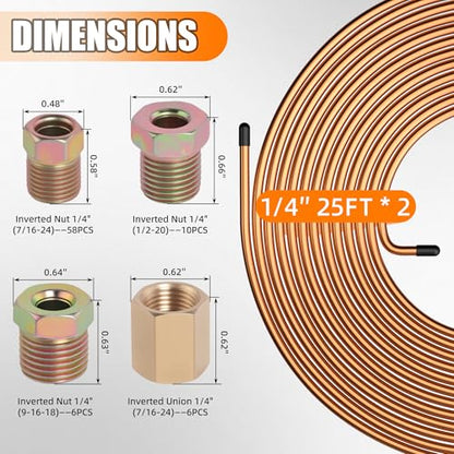 1/4" Brake Line Repair Kit, Double & Single Brake Line Flaring Tool Kit + 2 Set 25ft 1/4 Inch Brake Line with 80 Pcs Fittings(6 Unions Included) + Brake Line Bender - size: 1/4"