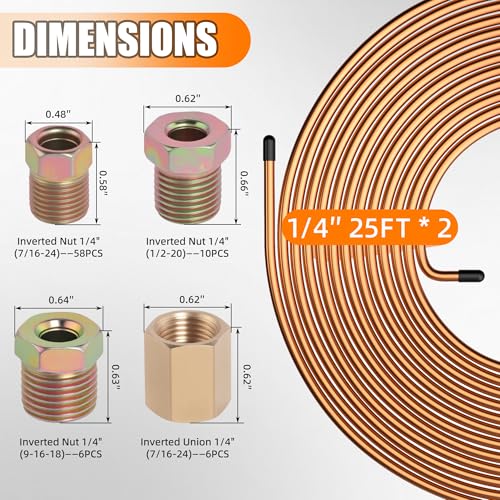 1/4" Brake Line Repair Kit, Double & Single Brake Line Flaring Tool Kit + 2 Set 25ft 1/4 Inch Brake Line with 80 Pcs Fittings(6 Unions Included) + Brake Line Bender - size: 1/4"