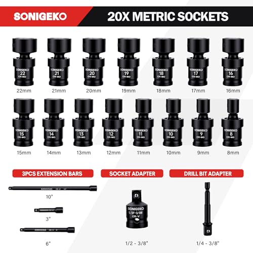 20-Pcs 3/8" Drive Impact Swivel Socket Set,Metric Universal Socket 8mm-22mm | CR-Mo,6-Point, Comes with Extension Bars, Universal Joint, 1/2" to 3/8" & 1/4" to 3/8" Reducer Adapters - size: 20 PCS, 3/8" Socket set, Swivel