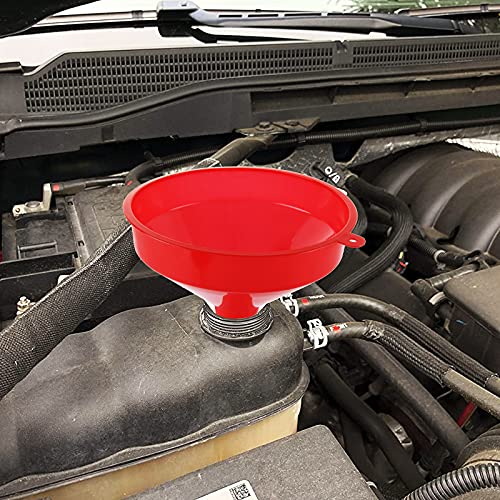 10 Pcs Red Plastic Funnel Set, 6.3 in Wide Mouth Fuel Funnels | PP Plastic, 0.6 in Wide Spout, 5.5 in Tall Body, Hang-Tab Rim, and Nesting Design for Oil, Gas, Coolant, and Dry Goods