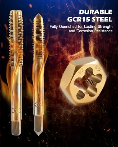 OMT 87pc Tap and Die Set, Titanium-Plated SAE and Metric Threading Kit | M3-M16 and #4-5/8 Inch, GCr15 Bearing Steel, Internal and External Threads, Center Punch, Mechanics Machinists Garage & Shop - size: 87 pc Metric and SAE