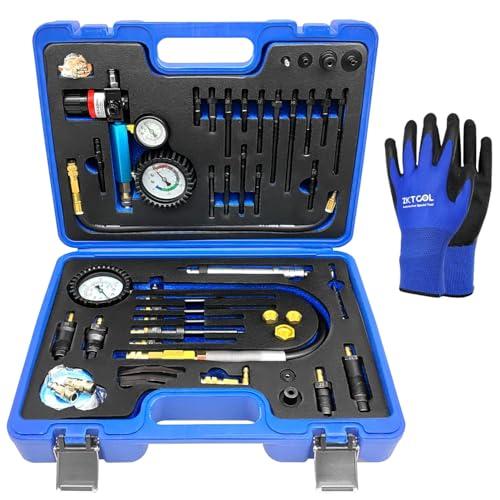 ZKTOOL 47PCS Compression and Leakage Test Kit Petrol & Diesel Dual Gauge Engine Compression Tester Kit Automotive Cylinder Leak Down Tester Kit for HDI, TDCi, Pumpe Duse Engine，0-725PIS - size: Standard 725 PSI | 46-Piece Kit
