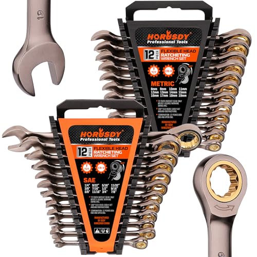 HORUSDY 24-Piece Ratcheting Wrench Set | Metric and SAE | 8-19 mm & 1/4” to 7/8“ | Ratchet Combination Wrenches Set with Organizer | 72-Teeth | Chrome Vanadium Steel - style: 24-Piece Ratcheting - Complete