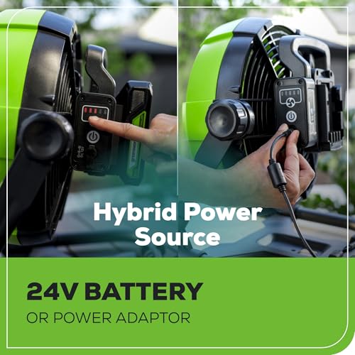 Greenworks 24V 10" (5-Speed) Hybrid Fan (500 CFM) and 500 Lumens Lantern, with 2×2.0Ah Battery and Charger - size: 2PCS Combo Kits(Fan+Camping Light)