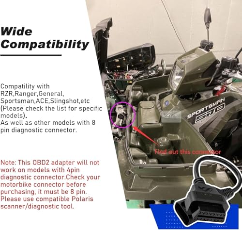 Motorbike OBD1 Adapter Cable 8 Pin for Polaris ATV RZR to OBD2 16 Pin | Motorcycle Diagnostic Connector, Compatible for Slingshot RZR Ranger Sportsman ACE CAN, Work with ELM327 Scanner Code Reader