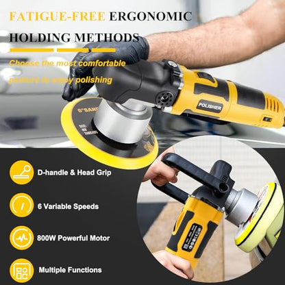 Car Buffer Polisher,6-inch 8mm Dual Action/DA Polisher for Car Detailing, 6 Variable Speed Random Orbital Car Buffer Polisher Waxer Kit with Handle for Car Polishing&Waxing