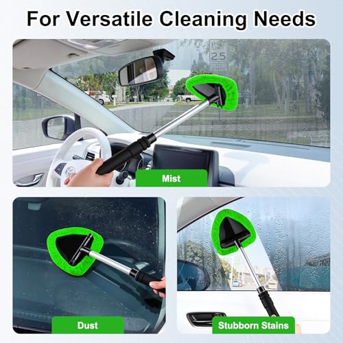 JUSTTOP Windshield Cleaner Tool, Car Interior and Exterior Window Cleaning Kit with Extendable Handle & 4 Reusable Microfiber Pads, Auto Glass Wiper Brush Kit for Car & Home Windows (Green) - color: Green
