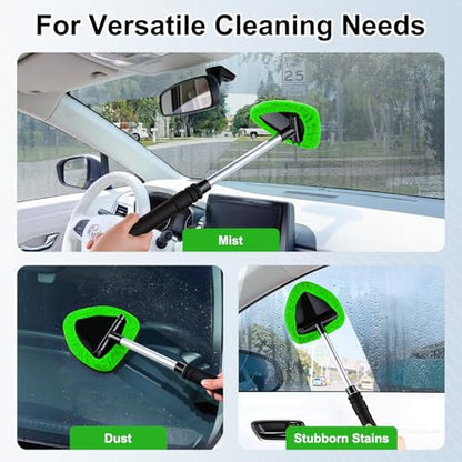 JUSTTOP Windshield Cleaner Tool, Car Interior and Exterior Window Cleaning Kit with Extendable Handle & 4 Reusable Microfiber Pads, Auto Glass Wiper Brush Kit for Car & Home Windows (Green) - color: Green