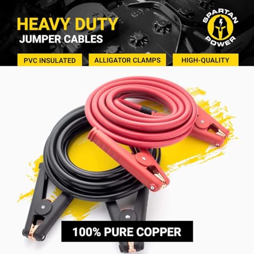 Spartan Power Heavy Duty Jumper Cables with Alligator Clips, 100% Pure Copper Wire, Positive & Negative Leads Battery Cable, Made in The USA - 2/0 AWG Gauge Cable, 10 ft - size: 2/0 AWG 10 Foot