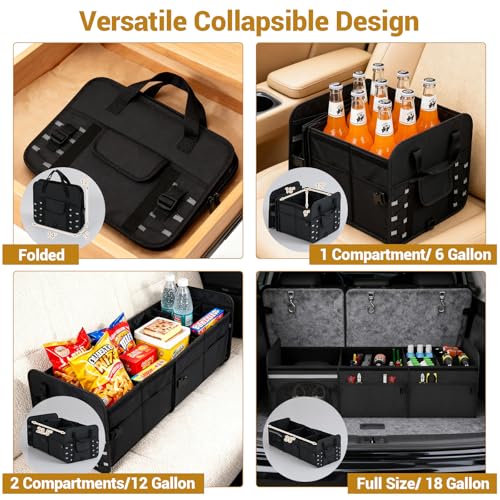 18 Gal Car Trunk Organizer with Lid, 3-Compartment Portable Storage Box with Leakproof Cooler Bag, Shoe Storage, Dividers & Adjustable Securing Straps, Collapsible Trunk Organizer for SUV, - size: 18 Gallon