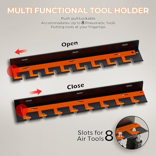 Air Tool Holder, Air Tool Rack for Garage Walls and Tool Cart Storage Organizer，Wall Mounted Lockable Pneumatic Tool Hanger for Air Compressor Tools, Pneumatic Nail Gun, Black-8 Slots - style: 8 Slots Air Tool Holder
