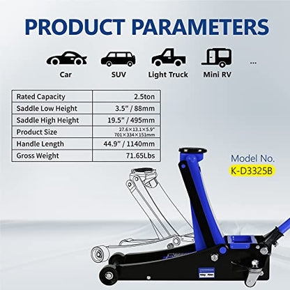 2.5T Low Profile Steel Floor Jack, 5500 lb, Dual Pump, 3.5"-19.5" Lift | Heavy-duty steel, dual-piston quick lift, low profile, 3.5"-19.5" range, overload safety protection. - size: 2.5T Dual Pump 3.5"-19.5"