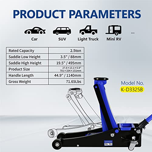 2.5T Low Profile Steel Floor Jack, 5500 lb, Dual Pump, 3.5"-19.5" Lift | Heavy-duty steel, dual-piston quick lift, low profile, 3.5"-19.5" range, overload safety protection. - size: 2.5T Dual Pump 3.5"-19.5"