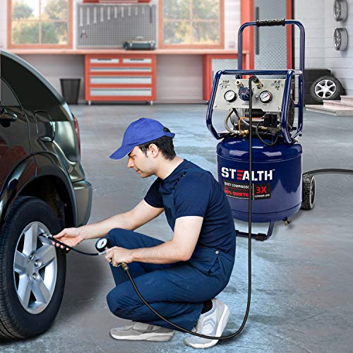 Stealth 12 Gallon Ultra Quiet Air Compressor, 1.5 HP Oil-Free Peak 150 PSI 68 Decibel,5 CFM @ 40 PSI 4 CFM @ 90 PSI Silent Portable Long Life Electric Air Compressor W/Wheel for Garage - style: Manual