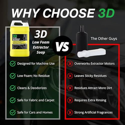 3D Extractor Carpet Cleaner Shampoo for Machine Use - Upholstery Cleaner, Stain Remover & Odor Eliminator - Low Foam, No Residue Formula 1 Gallon