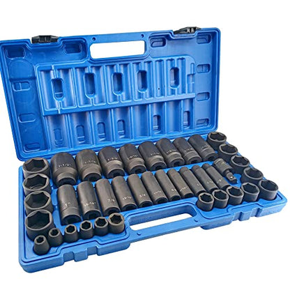 MacWork 39PCS 1/2-Inch Drive Impact Socket Set, CR-V Steel Standard & Deep Socket, SAE, 3/8" to 1-1/2", Universal Joint of 1/2", 6-Point Hex Radius Corner Design