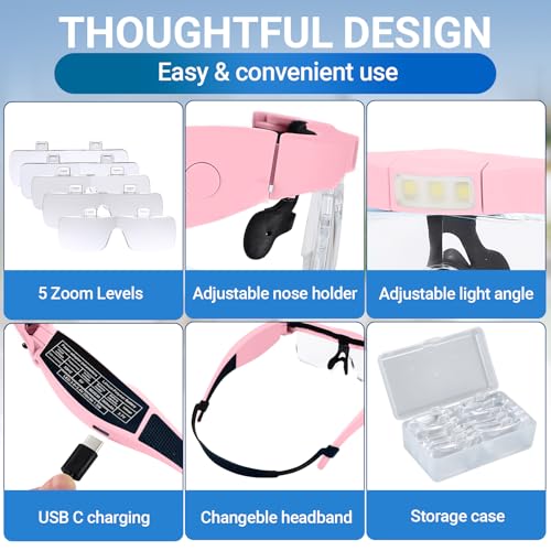 YOCTOSUN Magnifying Glasses with Light, Rechargeable Magnifying Headset with 5 Detachable Lenses 0.75X-4.0X and 3 LED Lights, Hands Free Headband Magnifier for Close Work Hobby Crafts Jewelry - color: Pink