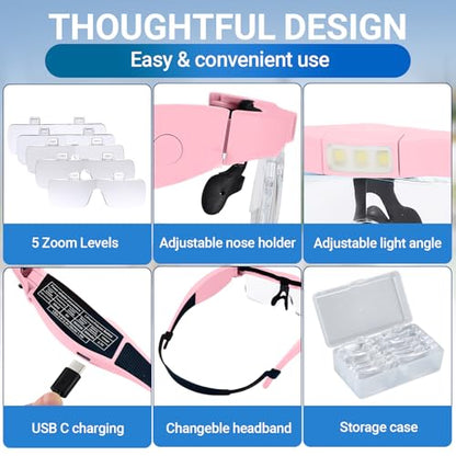 YOCTOSUN Magnifying Glasses with Light, Rechargeable Magnifying Headset with 5 Detachable Lenses 0.75X-4.0X and 3 LED Lights, Hands Free Headband Magnifier for Close Work Hobby Crafts Jewelry - color: Pink