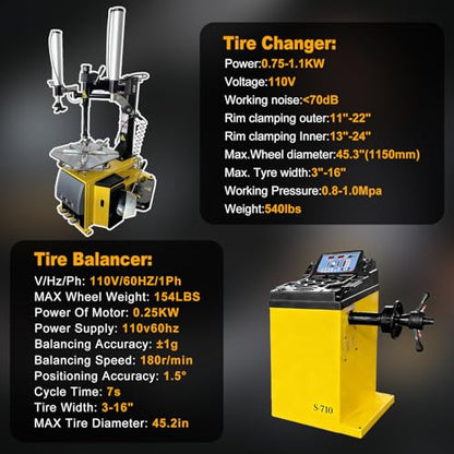 Tire Changer and Wheel Balancer Combo with Bead Blaster and Dual Assist Arms, 110V for 10-24" Rims, Complete Workshop Tire Service Package