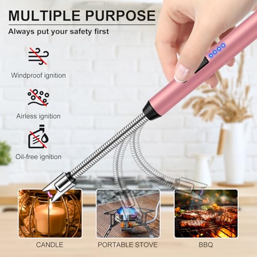 LcFun Candle Lighter with 360° Flexible Neck & Safety Lock, Windproof USB Rechargeable Electric Lighter Gift Sets, Flameless Arc Long Lighters Matches for Grill, BBQ, Camping, Fireplace, Stove - color: Rose Gold