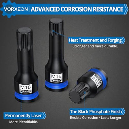 1/2" Drive Triple Square Spline Impact Bit Sockets Long and Short Combinations Set, 6 Pcs XZN Socket 42 Cr-Mo M14 M16 M18 With Storage Case - size: Triple Square 6Pcs