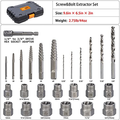 REBRA Screw Extractor and Left-Hand Drill Bit Set, Easy Out Broken Bolt Remover Reverse Cobalt HSS Steel Drill Kit, Ez Out Stripped, Rounded-Off, Damaged Bolts, Screws&Studs Removal Tool (26-Pieces) - style: 26-Pieces