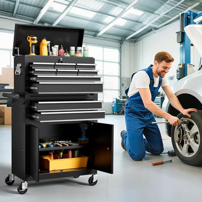 10-Drawer Rolling Tool Chest with Wheels, 2 in 1 Tool Box Rolling Tool Chest Heavy Duty, High-Capacity Mechanic Tool Organizer, Adjustable Shelf & Detachable Top Cabinet, Black - color: Black