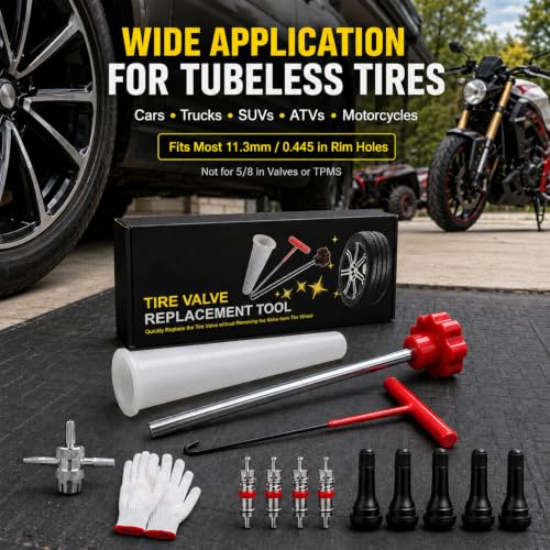 Quick Change Tire Valve Core Tool Kit - for Car, Truck, SUV, ATV, Motorcycle - Fits 11.3mm Rim Holes - Replace Valve Stems (TR413)