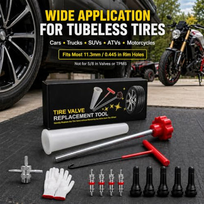 Quick Change Tire Valve Core Tool Kit - for Car, Truck, SUV, ATV, Motorcycle - Fits 11.3mm Rim Holes - Replace Valve Stems (TR413)