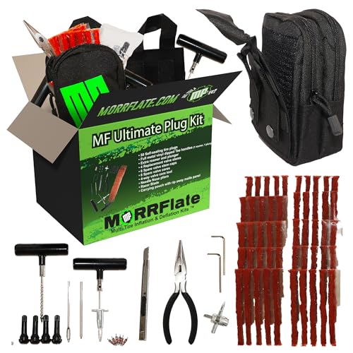 MORRFlate Ultimate 4x4 Tire Plug Kit Heavy Duty Professional Off-Road Tire Repair Kit Includes 50 Vulcanizing Plugs, All-Metal Tools, 4 Replacement Valve Stems, Rip-Away Molle Bag and Accessories