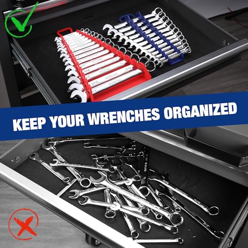 WORKPRO 4-Pack Magnetic Wrench Organizer,15-Slot and 12-Slot Gripper Holder | for Tool Boxes, Flexible Gripping Teeth and Carrying Handle, Fit for SAE and Metric, Blue, Red - style: Gripper Wrench Organizer(4PC)