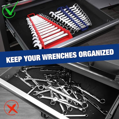 WORKPRO 4-Pack Magnetic Wrench Organizer,15-Slot and 12-Slot Gripper Holder | for Tool Boxes, Flexible Gripping Teeth and Carrying Handle, Fit for SAE and Metric, Blue, Red - style: Gripper Wrench Organizer(4PC)