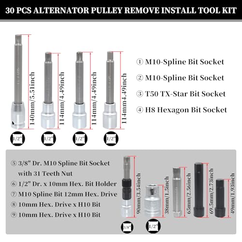 30PCS Alternator Pulley Remove Install & Alternator Decoupler Pulley Tool | Compatible with VW Audi Ford BMW Benz Volvo GM Toyota Buick Chevrolet, Clutch Freewheel Removal Socket Bit Set