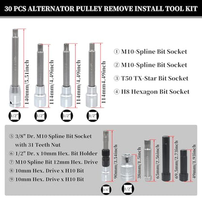 30PCS Alternator Pulley Remove Install & Alternator Decoupler Pulley Tool | Compatible with VW Audi Ford BMW Benz Volvo GM Toyota Buick Chevrolet, Clutch Freewheel Removal Socket Bit Set