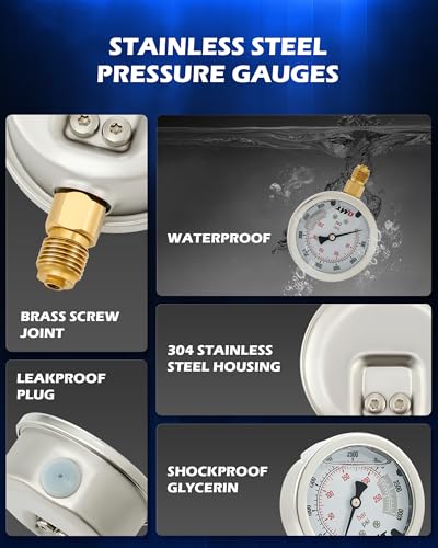 OMT Hydraulic Pressure Test Kit with 3 Gauges Up to 9000 PSI, 3 Hoses | Stainless Steel Dials; Glycerin Shockproof Display; Excavator Diagnostics; Heavy Equipment Repair; 8 Versatile Fittings - size: 3500 5500 9000 Psi