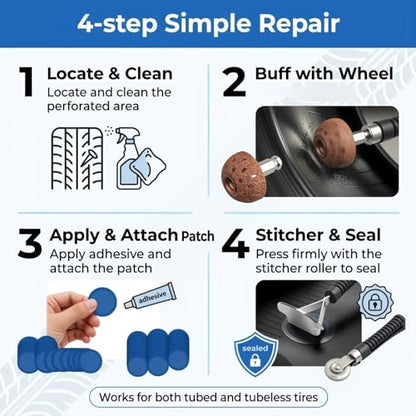 34PCS Tire Patch Kit,Heavy Duty Tire Repair Tools Patch with 32/42/58mm Wheel Patches,Tires Patches Roller,Scraper & Buffing Wheel,Full Tires Repair Kit for Car Truck Motorcycle