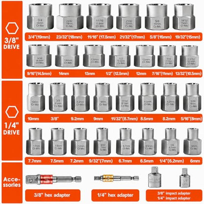33 PCS Bolt Extractor Set, 3/8" & 1/4" Drive Impact Bolt & Lug Nut Remover Socket Tool Kit, Stripped Bolt Extractor Set, Screw Extractor For Broken,Damaged, Frozen, Studs, Rusted, Bolts, Nuts & Screws - size: 33PCS