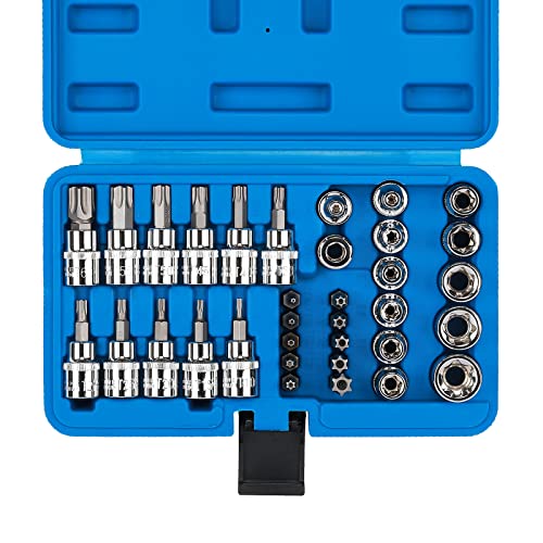 CASOMAN 34 Pieces 3/8-Inch Drive Torx Bit Socket and E-Torx (Star) Socket Set, CR-V & S2 Steel, E4-E20, T10-T60, Tamper Proof TT10-TT55, 5/16"F to 3/8"M Adapter