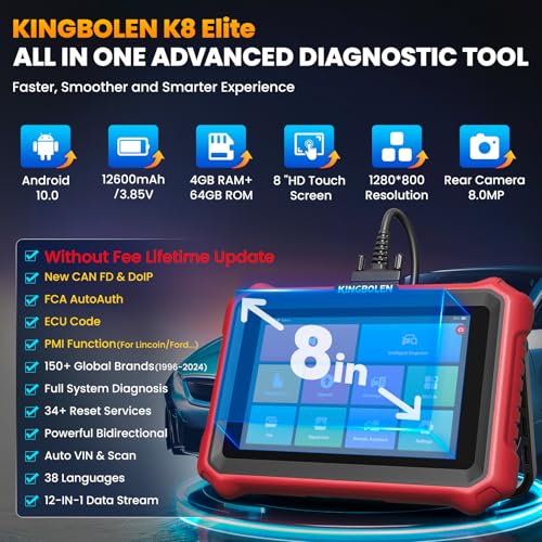 KINGBOLEN K8 Elite Full Systems Bidirectional Scan Tool, 8" Wired OBD2 Scanner Car Scanner, Lifetime Update Without Fee, 34+ Resets, Active Tests, ECU Function, FCA AutoAuth, CANFD & DOIP
