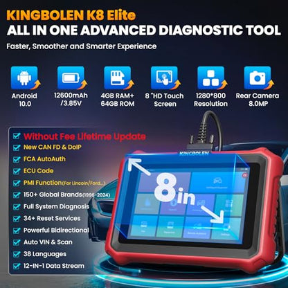 KINGBOLEN K8 Elite Full Systems Bidirectional Scan Tool, 8" Wired OBD2 Scanner Car Scanner, Lifetime Update Without Fee, 34+ Resets, Active Tests, ECU Function, FCA AutoAuth, CANFD & DOIP