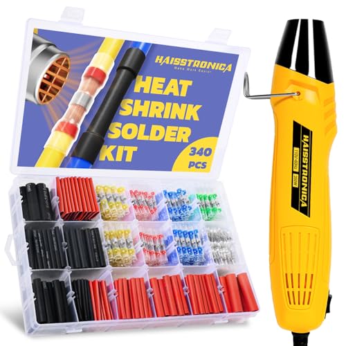 haisstronica 340 PCS All in One Set with Solder Seal Wire Connectors,3:1 Heat Shrink Tubing and Heat Gun,Solder Sticks Wire Terminals Electrical Connectors for Automotive, Marine, Trailer Wiring - size: 340 PCS