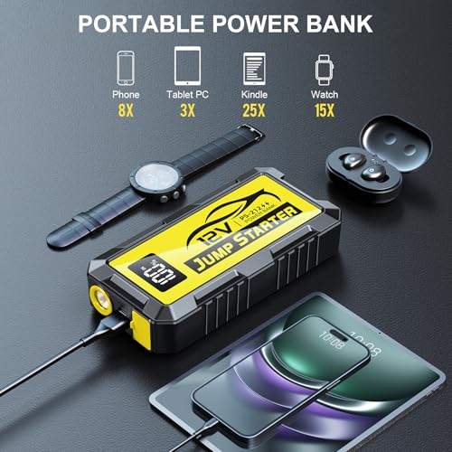 8000A Car Jump Starter, 12V Jump Starter Battery Pack (All Gas,up to 10.0L Diesel Engine) Jumper Cables Portable Lithium Jump Box, USB Output and LED Light - color: yellow