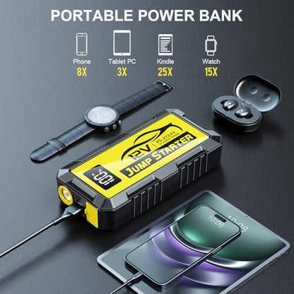 8000A Car Jump Starter, 12V Jump Starter Battery Pack (All Gas,up to 10.0L Diesel Engine) Jumper Cables Portable Lithium Jump Box, USB Output and LED Light - color: yellow