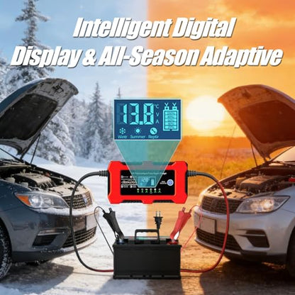 12V 10A Car Battery Charger, Lead-Acid & Lithium Trickle Battery Charger with Temperature Compensation, Desulfator & LED Display Maintainer for Car, Motorcycle, Truck, Marine, Lawn Mower