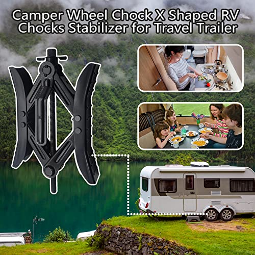 Camper Wheel Chock Stabilizer, RV X Chocks Wheel Stabilizer, Wheel Chock Scissor 2 Sets Tire Locking Chocks Accessories with Ratchet,hex Socket, Tool Kit, Gloves (Black) - color: Black