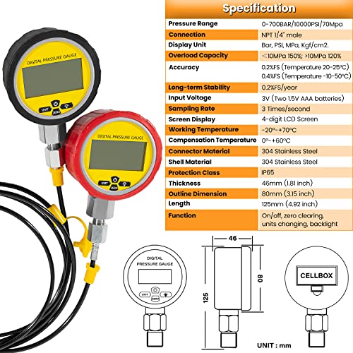 70DC Digital Hydraulic Pressure Test Coupling Kit Hydraulic Pressure Gauge Kit for Excavator Construction Machinery 2 Gauges 2 Test Hoses 18 Couplings 29 Tee Connectors 700BAR/10000PSI/70Mpa - style: 2 Gauges 47 Test Couplings