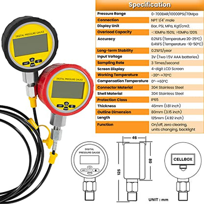 70DC Digital Hydraulic Pressure Test Coupling Kit Hydraulic Pressure Gauge Kit for Excavator Construction Machinery 2 Gauges 2 Test Hoses 18 Couplings 29 Tee Connectors 700BAR/10000PSI/70Mpa - style: 2 Gauges 47 Test Couplings