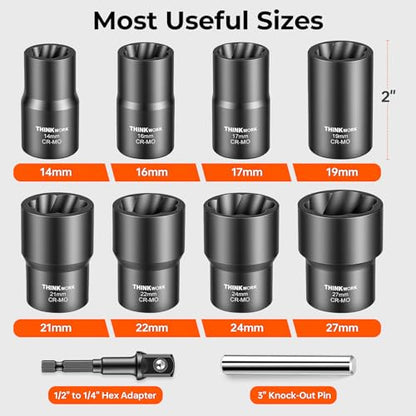 10-Piece Lug Nut Removal Tool, 1/2" Drive Wheel Lock Removal Kit | for Damaged, Rusted, Rounded-Off, Stripped Fasteners, 14-27mm, Cr-Mo, Reverse Spiral Flute, Black Oxide Coating, Storage Case - size: 10-piece